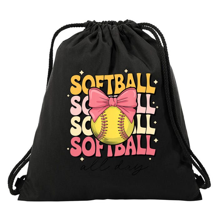 Groovy Softball Coquette Bow Softball Lover Softball All Day  Drawstring Bag