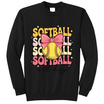 Groovy Softball Coquette Bow Softball Lover Softball All Day  Tall Sweatshirt