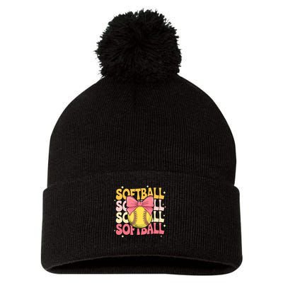 Groovy Softball Coquette Bow Softball Lover Softball All Day  Pom Pom 12in Knit Beanie