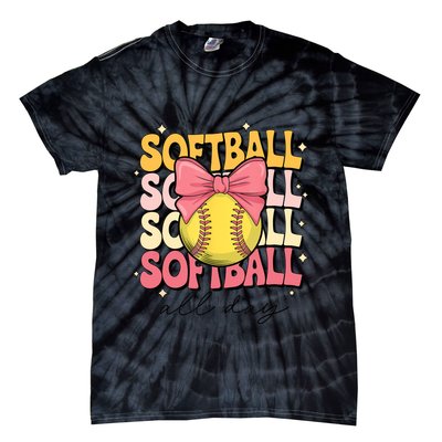Groovy Softball Coquette Bow Softball Lover Softball All Day  Tie-Dye T-Shirt