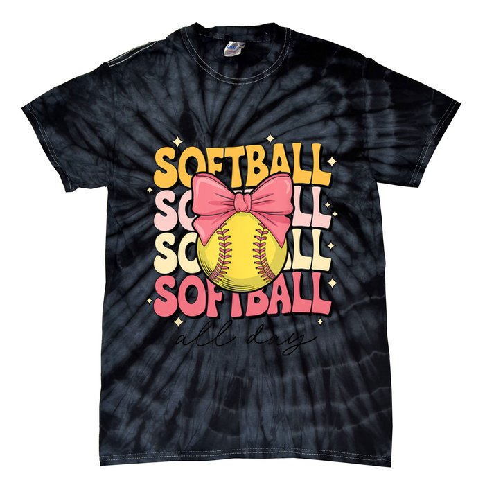 Groovy Softball Coquette Bow Softball Lover Softball All Day  Tie-Dye T-Shirt