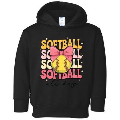 Groovy Softball Coquette Bow Softball Lover Softball All Day  Toddler Hoodie