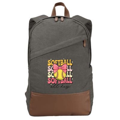 Groovy Softball Coquette Bow Softball Lover Softball All Day  Cotton Canvas Backpack