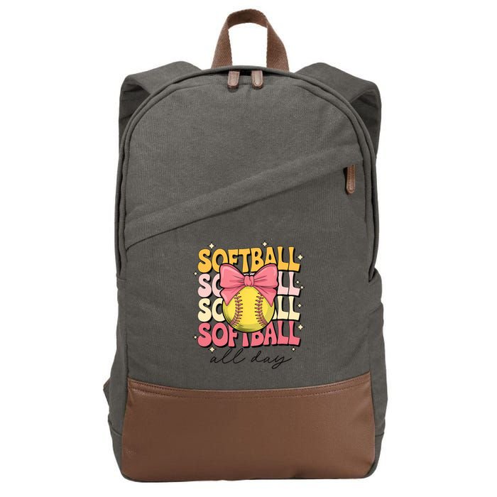 Groovy Softball Coquette Bow Softball Lover Softball All Day  Cotton Canvas Backpack