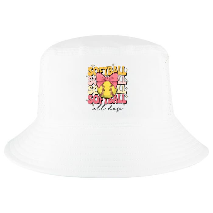Groovy Softball Coquette Bow Softball Lover Softball All Day  Cool Comfort Performance Bucket Hat