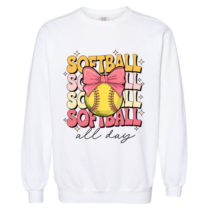 Groovy Softball Coquette Bow Softball Lover Softball All Day  Garment-Dyed Sweatshirt