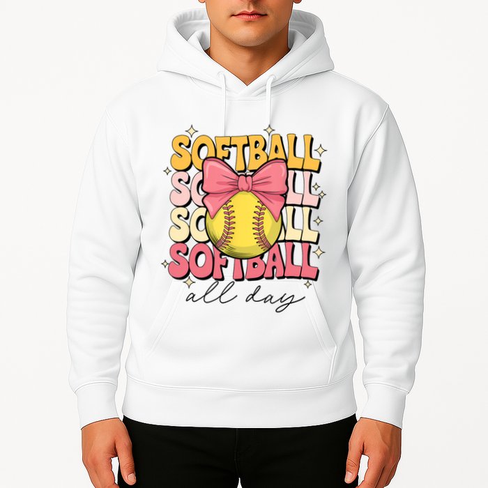 Groovy Softball Coquette Bow Softball Lover Softball All Day  Hoodie