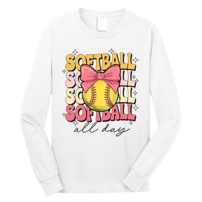 Groovy Softball Coquette Bow Softball Lover Softball All Day  Long Sleeve Shirt