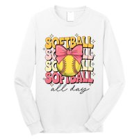 Groovy Softball Coquette Bow Softball Lover Softball All Day  Long Sleeve Shirt