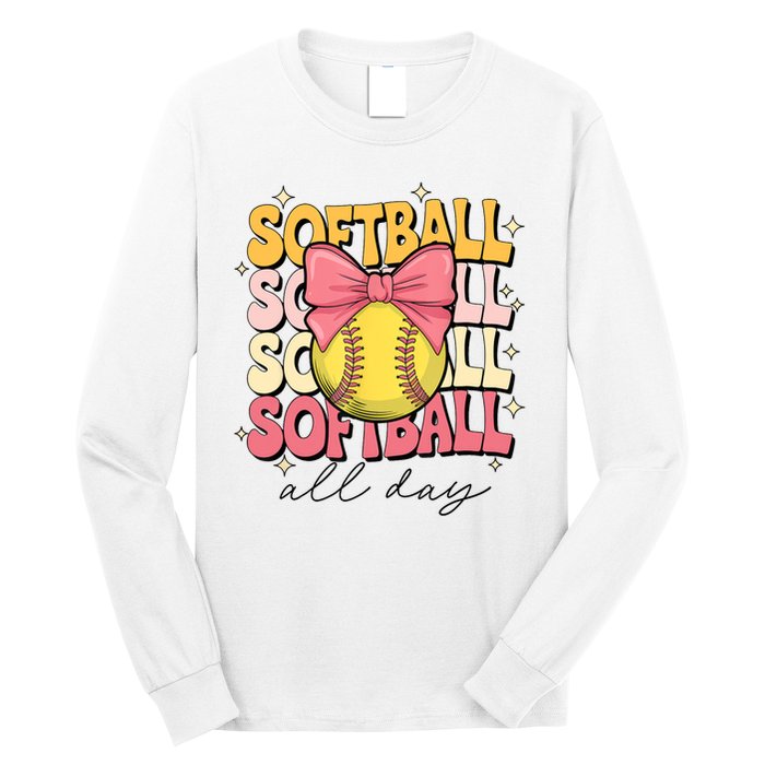 Groovy Softball Coquette Bow Softball Lover Softball All Day  Long Sleeve Shirt