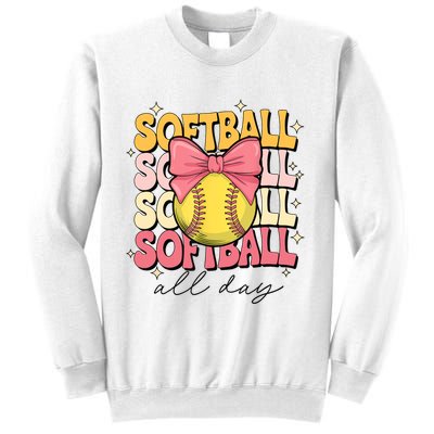 Groovy Softball Coquette Bow Softball Lover Softball All Day  Sweatshirt