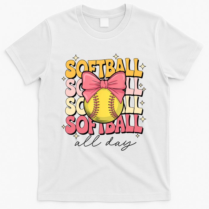 Groovy Softball Coquette Bow Softball Lover Softball All Day  T-Shirt