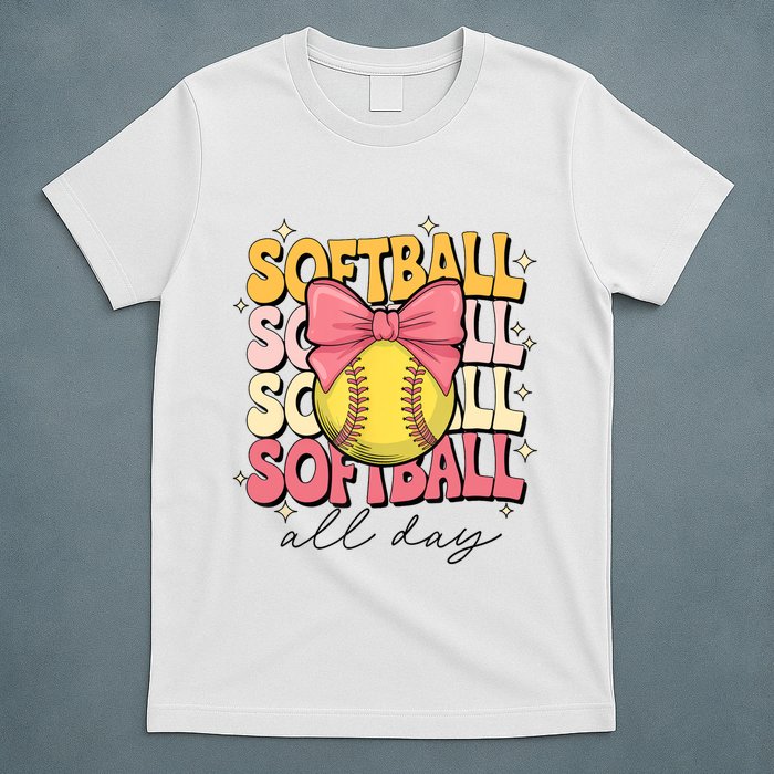 Groovy Softball Coquette Bow Softball Lover Softball All Day  T-Shirt