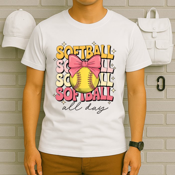 Groovy Softball Coquette Bow Softball Lover Softball All Day  T-Shirt