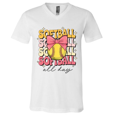 Groovy Softball Coquette Bow Softball Lover Softball All Day  V-Neck T-Shirt