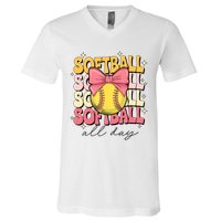Groovy Softball Coquette Bow Softball Lover Softball All Day  V-Neck T-Shirt