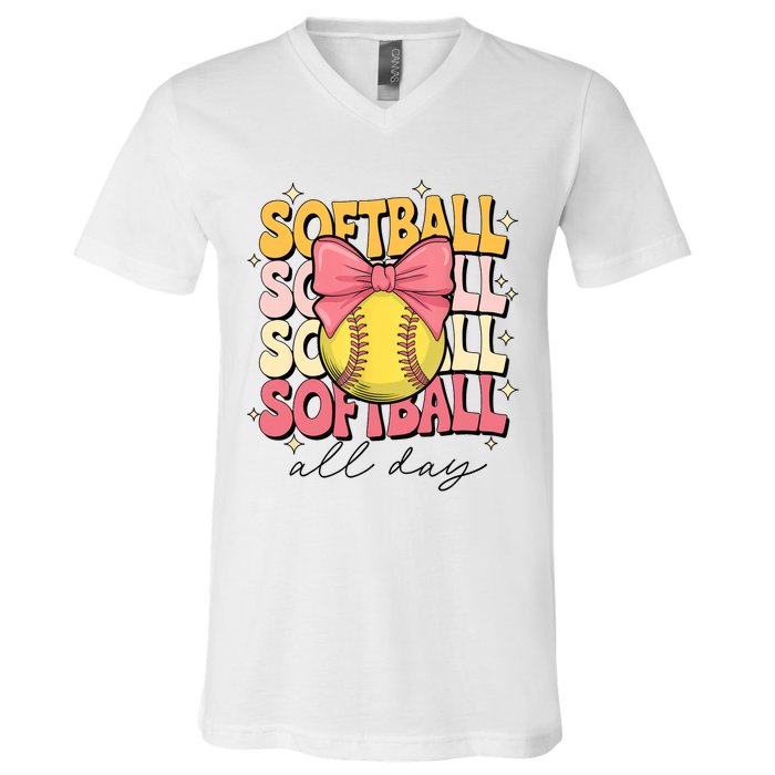 Groovy Softball Coquette Bow Softball Lover Softball All Day  V-Neck T-Shirt