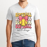 Groovy Softball Coquette Bow Softball Lover Softball All Day  V-Neck T-Shirt