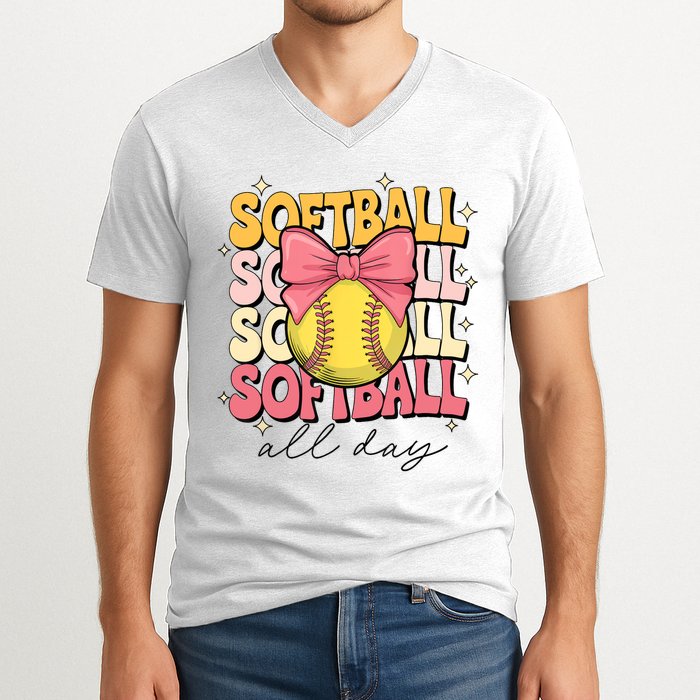 Groovy Softball Coquette Bow Softball Lover Softball All Day  V-Neck T-Shirt