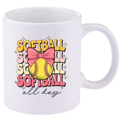Groovy Softball Coquette Bow Softball Lover Softball All Day  11oz C Handle Ceramic Mug