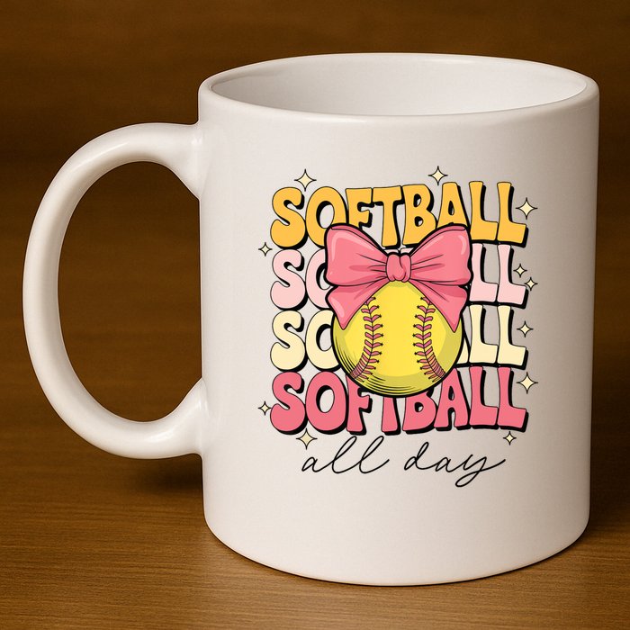Groovy Softball Coquette Bow Softball Lover Softball All Day  11oz C Handle Ceramic Mug