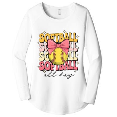 Groovy Softball Coquette Bow Softball Lover Softball All Day  Women's Perfect Tri Tunic Long Sleeve Shirt
