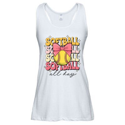 Groovy Softball Coquette Bow Softball Lover Softball All Day  Ladies Essential Flowy Tank