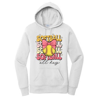 Groovy Softball Coquette Bow Softball Lover Softball All Day  Women's Pullover Hoodie