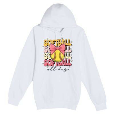 Groovy Softball Coquette Bow Softball Lover Softball All Day  Premium Pullover Hoodie