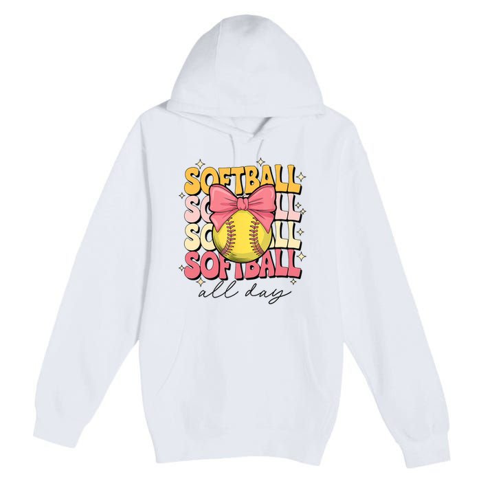 Groovy Softball Coquette Bow Softball Lover Softball All Day  Premium Pullover Hoodie