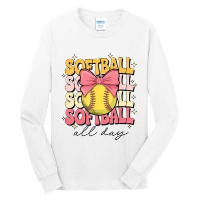 Groovy Softball Coquette Bow Softball Lover Softball All Day  Tall Long Sleeve T-Shirt