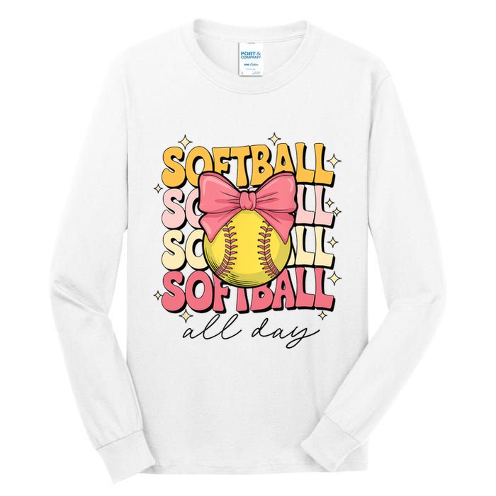Groovy Softball Coquette Bow Softball Lover Softball All Day  Tall Long Sleeve T-Shirt
