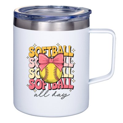 Groovy Softball Coquette Bow Softball Lover Softball All Day  12oz Stainless Steel Coffee Mug