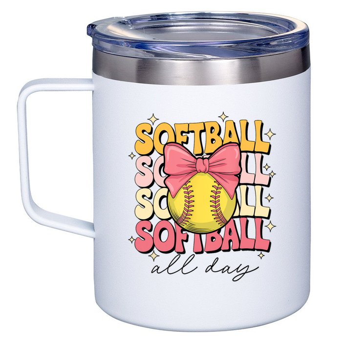 Groovy Softball Coquette Bow Softball Lover Softball All Day  12oz Stainless Steel Coffee Mug