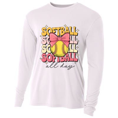 Groovy Softball Coquette Bow Softball Lover Softball All Day  Cooling Performance Long Sleeve Crew