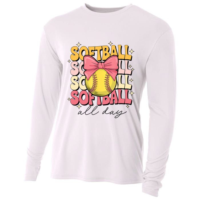Groovy Softball Coquette Bow Softball Lover Softball All Day  Cooling Performance Long Sleeve Crew
