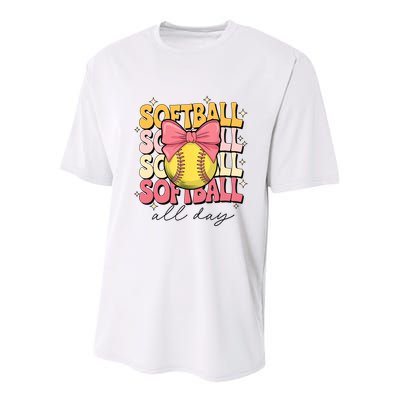 Groovy Softball Coquette Bow Softball Lover Softball All Day  Youth Performance Sprint T-Shirt