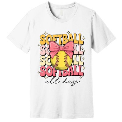 Groovy Softball Coquette Bow Softball Lover Softball All Day  Premium T-Shirt