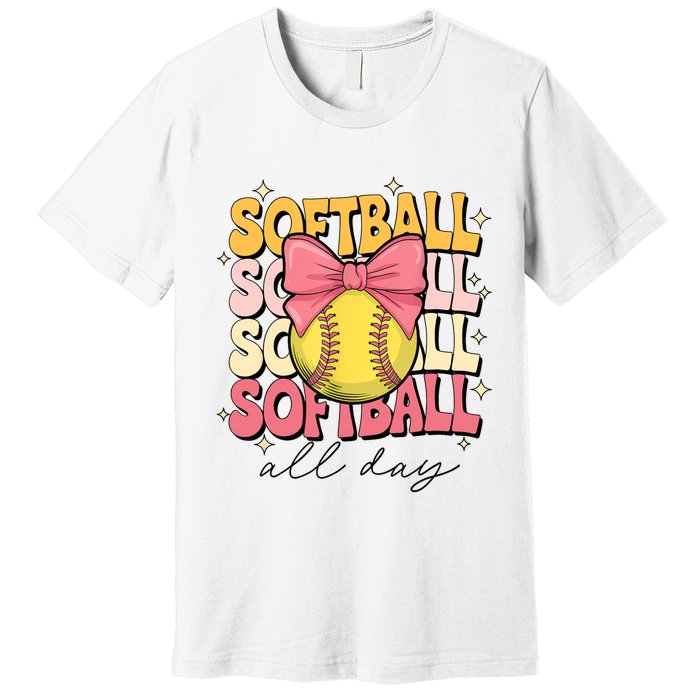 Groovy Softball Coquette Bow Softball Lover Softball All Day  Premium T-Shirt