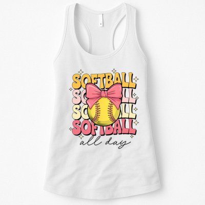 Groovy Softball Coquette Bow Softball Lover Softball All Day  Womens Tank Top