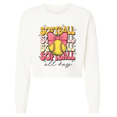 Groovy Softball Coquette Bow Softball Lover Softball All Day  Cropped Pullover Crew