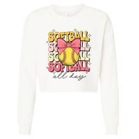 Groovy Softball Coquette Bow Softball Lover Softball All Day  Cropped Pullover Crew