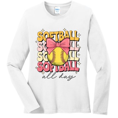Groovy Softball Coquette Bow Softball Lover Softball All Day  Ladies Long Sleeve Shirt