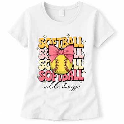 Groovy Softball Coquette Bow Softball Lover Softball All Day  Womens T-Shirt