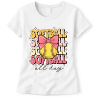 Groovy Softball Coquette Bow Softball Lover Softball All Day  Womens T-Shirt