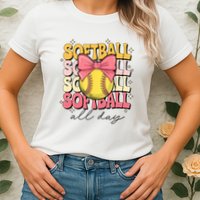 Groovy Softball Coquette Bow Softball Lover Softball All Day  Womens T-Shirt