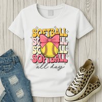 Groovy Softball Coquette Bow Softball Lover Softball All Day  Womens T-Shirt