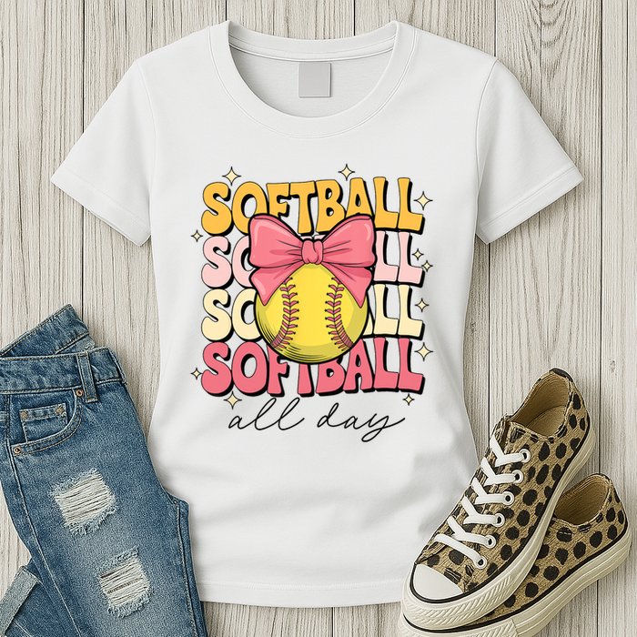Groovy Softball Coquette Bow Softball Lover Softball All Day  Womens T-Shirt