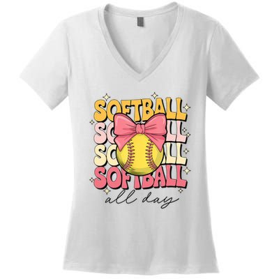 Groovy Softball Coquette Bow Softball Lover Softball All Day  Women's V-Neck T-Shirt