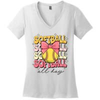 Groovy Softball Coquette Bow Softball Lover Softball All Day  Women's V-Neck T-Shirt